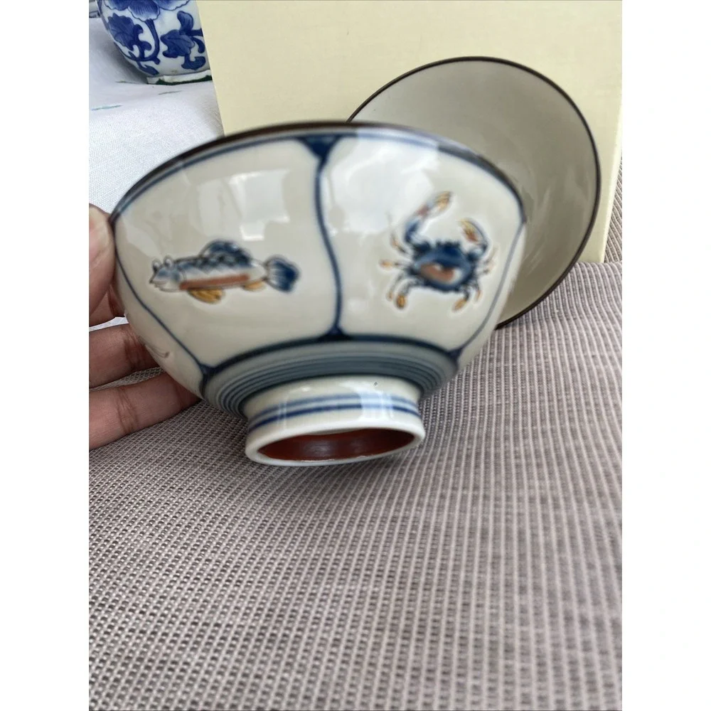 2Japanese Footed Porcelain Rice/Soup Bowls Hand Painted Crabs Shrimp Fish 5